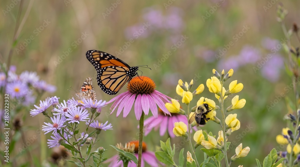 Fototapeta premium A monarch butterfly perched on a purple coneflower, surrounded by wildflowers and a busy bumblebee. 
