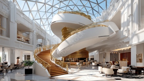 Grand Atrium with Spiral Staircase: A breathtaking view of a luxurious hotel lobby featuring a stunning spiral staircase, modern architecture, and ample natural light from the glass dome ceiling.