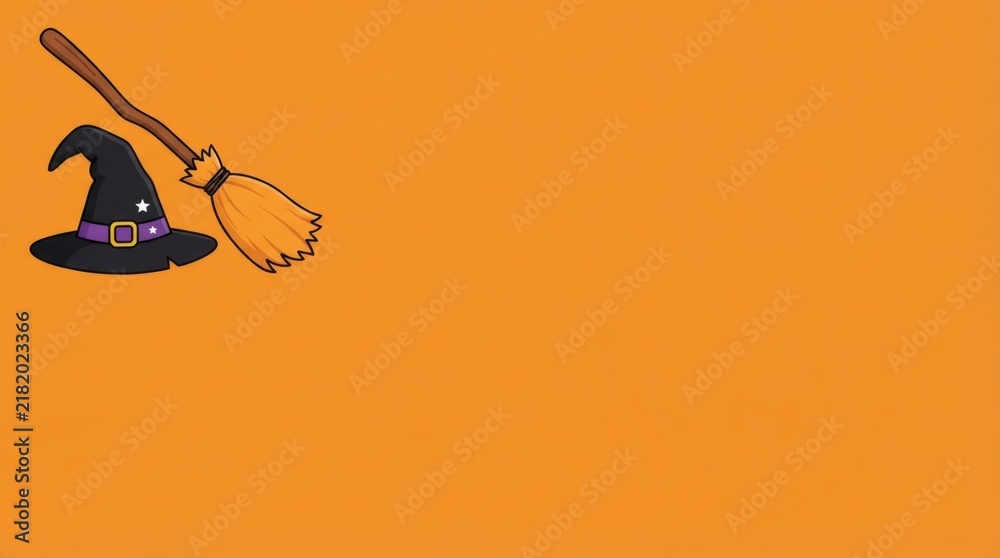 Fototapeta premium Vector Illustration Witch Hat Broom Top Left Corner Flat Orange Background Free Space Right