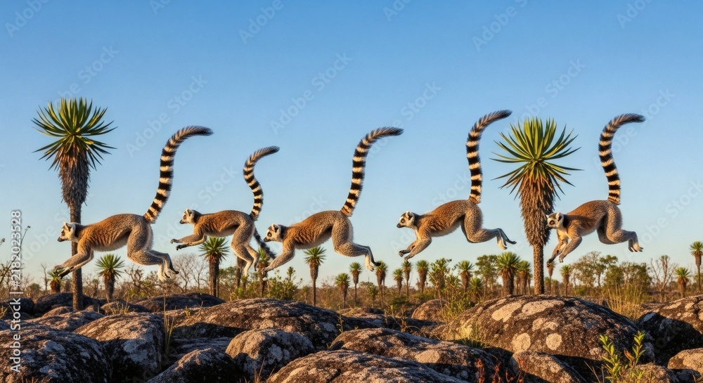 Fototapeta premium Ring Tailed Lemurs Jumping Across Rocky Terrain in Madagascar