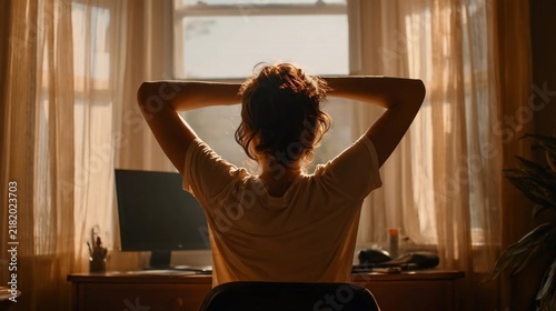 Woman sitting at a desk with hands behind her head facing a window Room