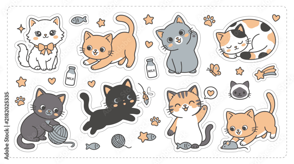 Obraz premium Set of cute cartoon cats, kittens, and accessories like milk bottles, yarn balls, and fish