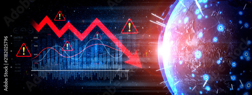 Obraz na plátně Economic caution visualized with fluctuating market graph, alert symbols, and negative data trends