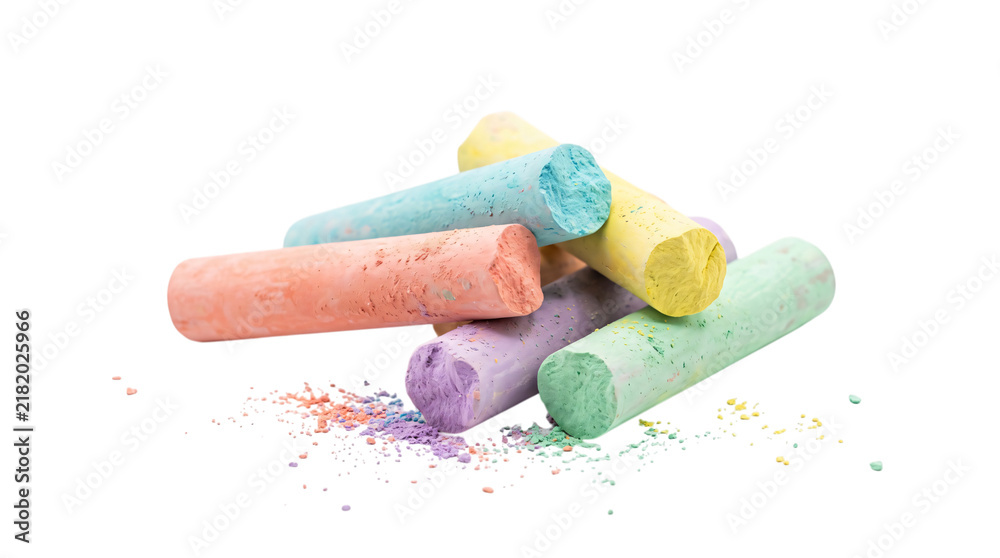 Obraz premium Colorful chalk sticks piled on white surface. Pastel drawing pastel crayons with chalk dust