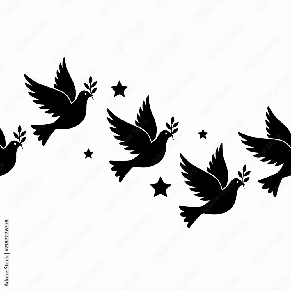 Fototapeta premium Dove silhouettes carrying olive branches fly alongside stars against a plain white background.