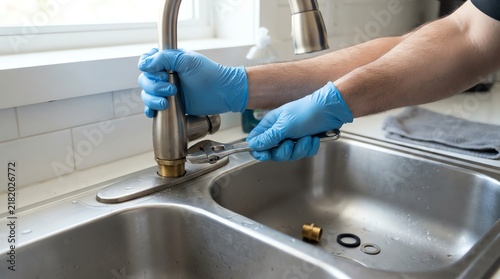 Professional Plumber Hands Wearing Blue Protective Gloves Using Wrench Tool to Repair Faucet in Modern Kitchen Sink Installation