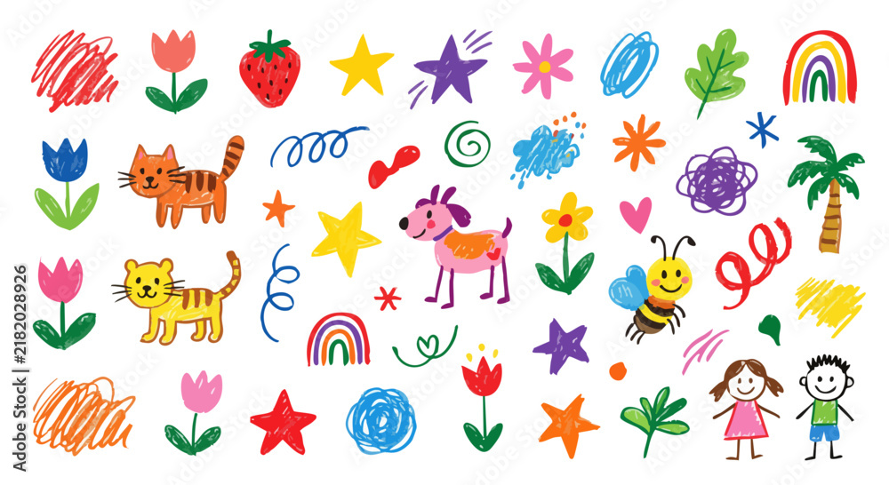 Obraz premium Cute colorful kids crayon doodles and playful hand drawn set