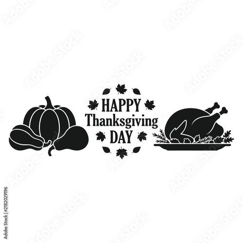 Happy Thanksgiving Typography with Autumn Leaves and Pumpkin, Fall Harvest silhouette Vector Illustration