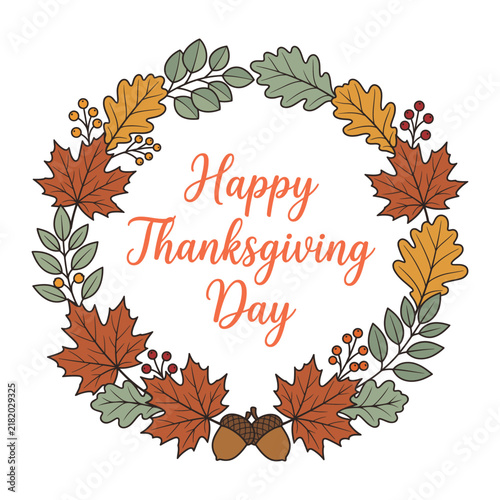 Happy Thanksgiving Wreath Background, Circle Emblem Vector Illustration