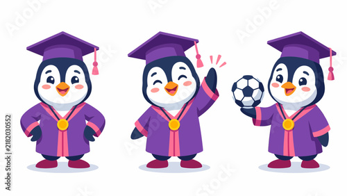 Three cute cartoon penguins wearing graduation caps and gowns, celebrating academic achievement and sports.