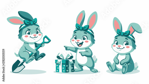 Three cute cartoon bunnies in different poses, one digging with a shovel, one pointing at a gift, and one sitting.