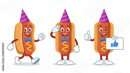Three cartoon hot dogs wearing party hats and celebrating with different gestures.