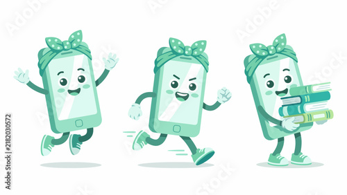 Cute cartoon smartphone character in three poses: jumping, running, and carrying books, representing technology and education.
