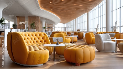 Modern Lounge Ambiance: A bright and spacious lounge area with comfortable, contemporary seating in warm yellow and white tones, illuminated by natural light streaming through large windows.