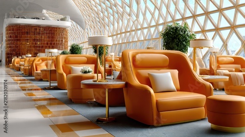Modern Lounge Area: A contemporary and stylish lounge features rows of plush orange armchairs arranged along a wall with a geometric patterned window, creating a welcoming and luxurious atmosphere.