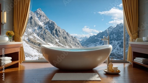 Mountain Sanctuary Spa: A luxurious freestanding bathtub filled with steaming water sits by a grand window, offering a breathtaking panoramic view of snow-capped mountains under a clear blue sky.