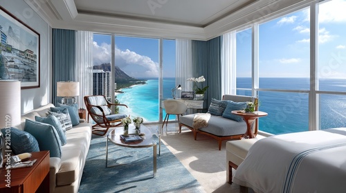 Luxurious Oceanfront Suite: A lavish hotel suite offers breathtaking panoramic ocean views from floor-to-ceiling windows, featuring elegant decor, a comfortable seating area, and a plush bed.