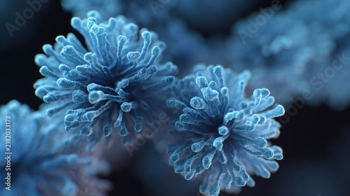 close up of a bunch of blue bacteria. The bacteria are in a blue color and are spread out in the image, close up of 3d microscopic blue bacteria