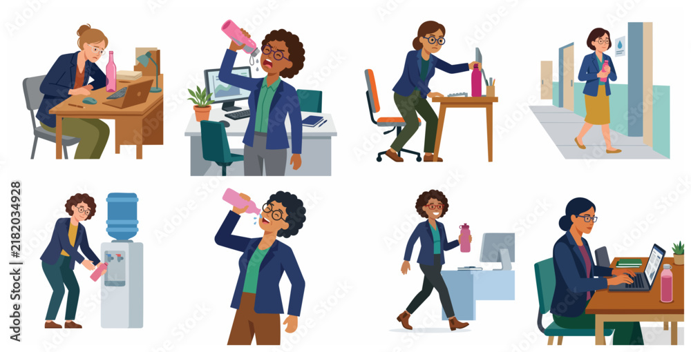 Fototapeta premium Set of flat illustrations of businesswomen staying hydrated at the office, drinking water from bottles and refilling at the dispenser for workplace health and productivity.