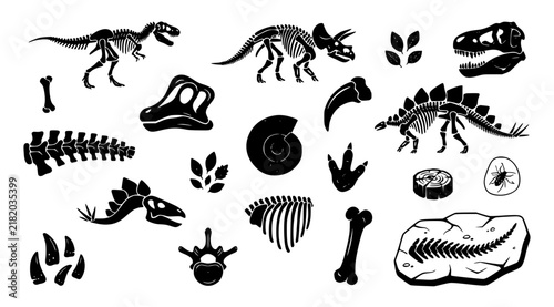 Prehistoric Dinosaur Fossil and Skeleton Anatomy Black Vector Icon Collection