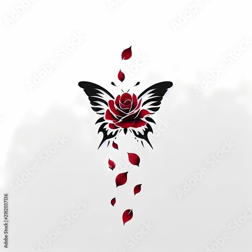 Red Rose Butterfly with Falling Petals Tattoo Design Vector
