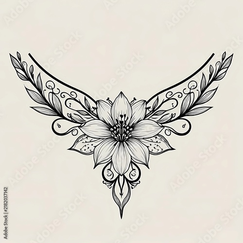 Symmetrical Underbust Lily Flower Line Art Tattoo Vector