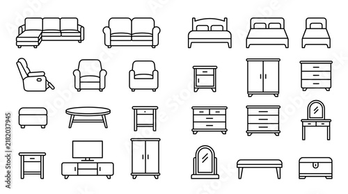 Canvastavla Living Room and Bedroom Furniture Outline Icons with Sofas Beds Cabinets Tables