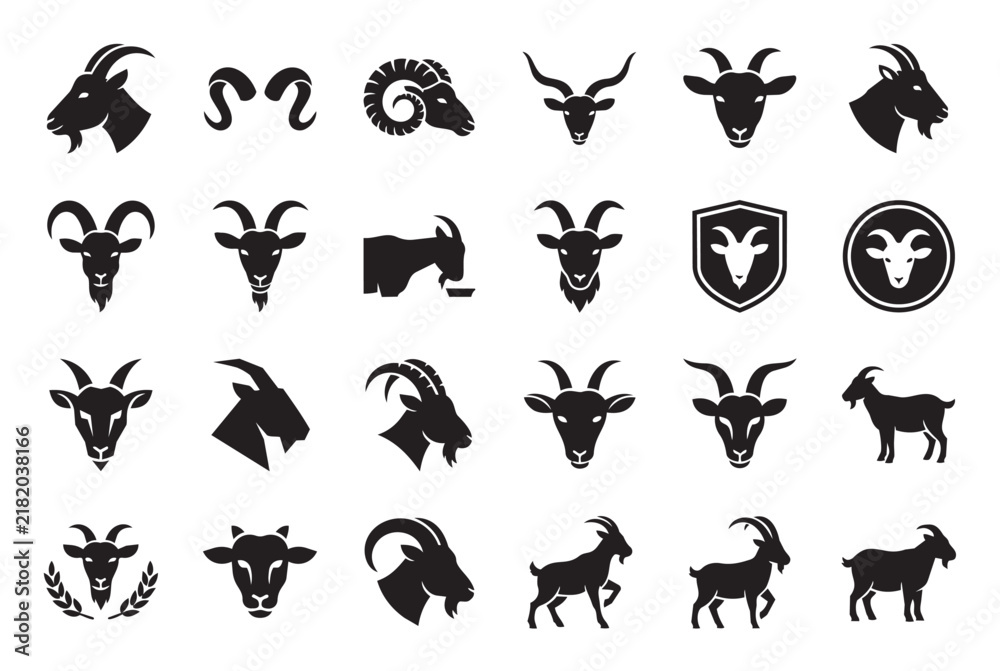 Obraz premium Set of goat and ram silhouette icons and emblems in various poses with animal silhouette goat head livestock
