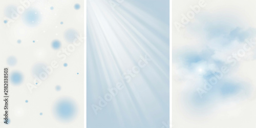 Set of three vertical abstract backgrounds with soft blue hues, light rays, and floating particle effects