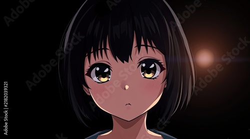 Young girl with medium length black hair gazes intensely with large expressive eyes against a dark background reflecting deep emotions in this animated artwork
