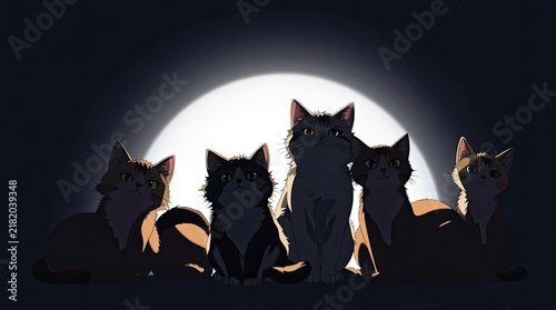 Five cats sit together in a calm evening atmosphere their silhouettes illuminated by a glowing moon creating a peaceful and enchanting ambiance