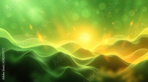 Flowing waves of green and yellow create a vibrant abstract landscape under a bright sun rising in a colorful sky at dawn evoking a sense of serenity