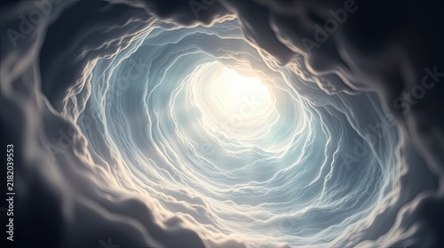 Swirling clouds form a circular pattern with a bright light at the center during daylight creating an ethereal and mesmerizing atmosphere