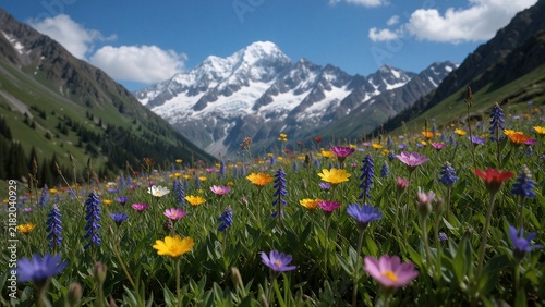  Alpine Wildflower Meadow Below Snow-Capped Peaks