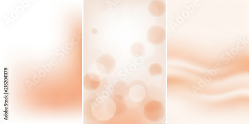 Peach colored triptych with blurred bokeh circles and soft wavy fabric textures for backgrounds