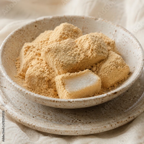 Traditional Korean Injeolmi Rice Cakes with Soybean Powder in Elegant Rustic Setting