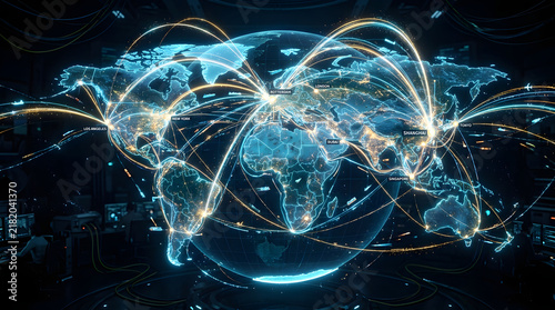 Futuristic Digital World Map with Light Connections Global Logistics Concept