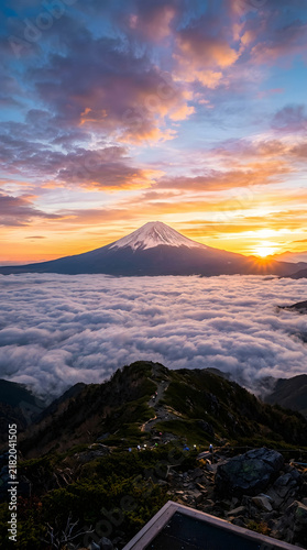 Majestic Mount Fuji Above Sea of Clouds at Sunrise New Year Background