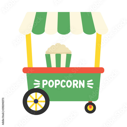 Cute Popcorn Cart Stand Vector Illustration, Carnival Snack Food Cart Clipart Isolated on White Background