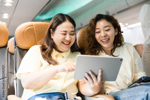 Photography Two women smiling and sharing a tablet on an airplane, seated in economy class, enjoying inflight entertainment during travel
