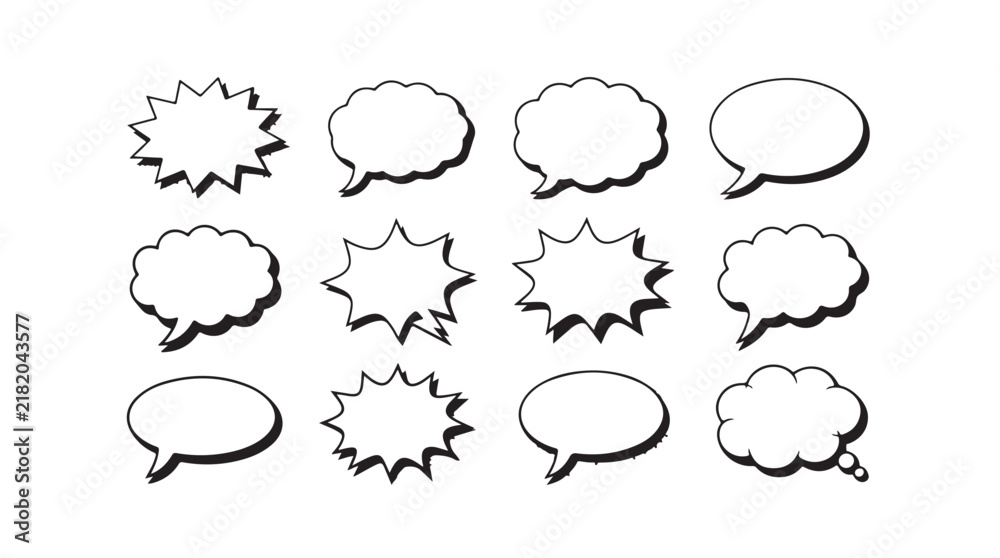 Obraz premium Collection of comic style speech and thought bubbles, hand-drawn outline designs for dialogue and creative expression purposes.