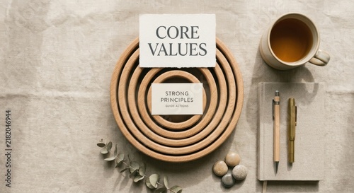 Core Values and Strong Principles Represented by Nested Wooden Rings and Text Cards