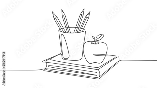 Continuous one line drawing of pencils in cup holder and fresh apple on book back to school vector illustration