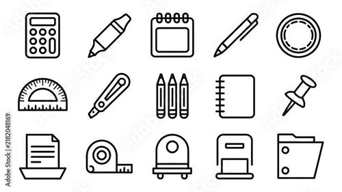 Office stationery supply outline icon set with calculator pen notepad cutter protractor tape pushpin folder line vector graphic isolated