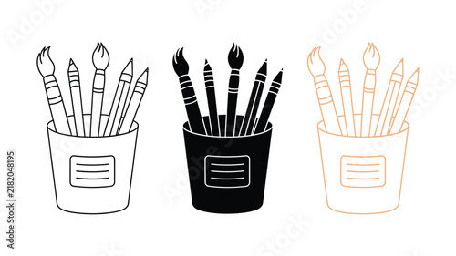 Creative art supply set featuring paintbrush and pencil cup holders in outline black filled and orange line vector design