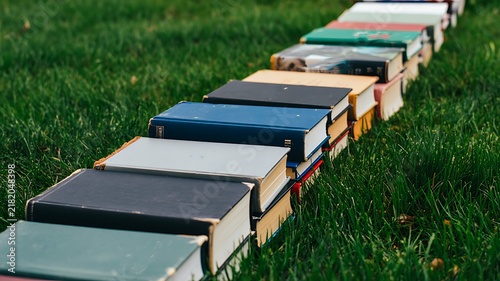 Fototapeta kuchenna Colorful books arranged in a long row across green grass outdoors
