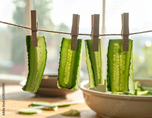 Thin cucumber strips hanging on twine between wooden pegs in bright kitchen window.
