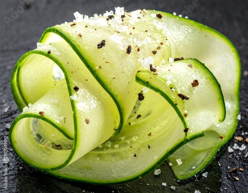 Thin cucumber slices in spiral arrangement on dark slate with salt and black pepper