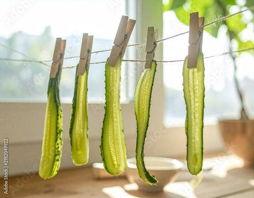 Thin cucumber strips hanging on twine between wooden pegs in bright kitchen window.