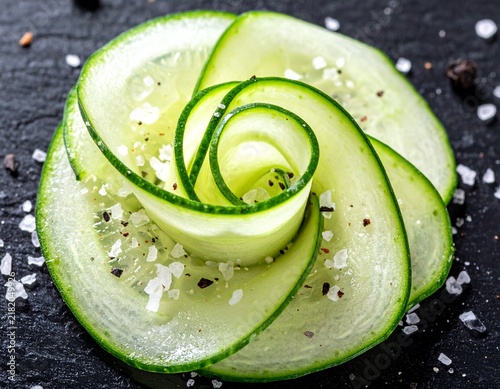 Thin cucumber slices in spiral arrangement on dark slate with salt and black pepper